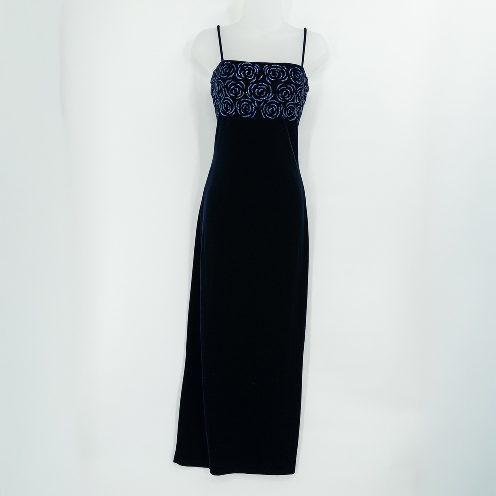 Vintage Y2K Velvet Gown Womens Small Navy Blue Glitter Rose Whimsigoth Evening